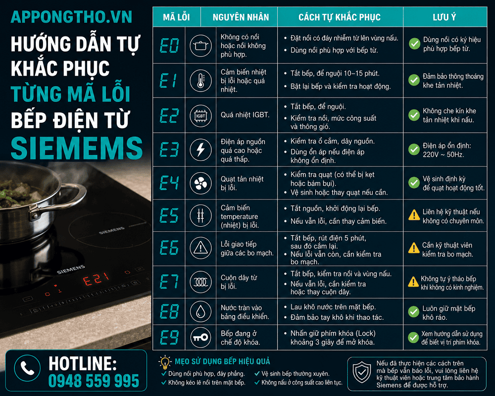 🔧 8. Bếp từ Siemens báo lỗi F2 – Quá nhiệt bo mạch