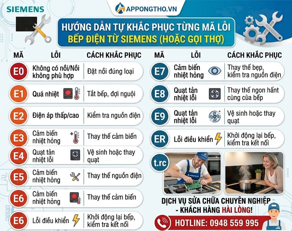 🔧 12. Bếp từ Siemens báo lỗi E3 – Điện áp thấp