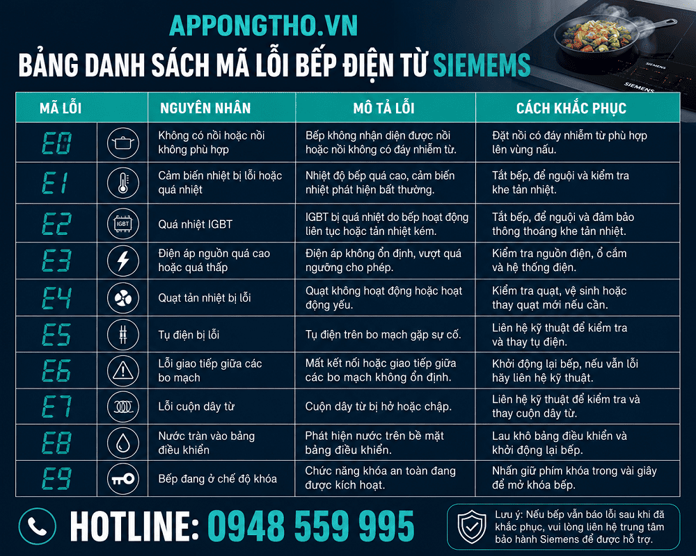 Bảng danh sách mã lỗi bếp từ Siemens