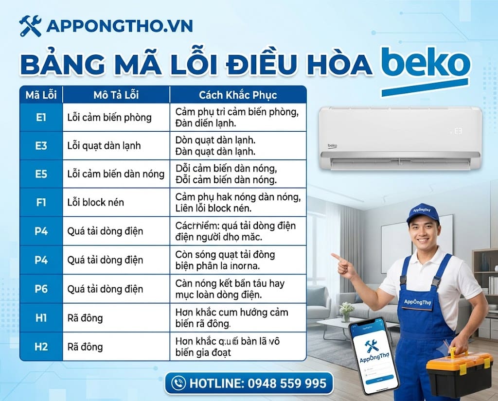 Bảng mã lỗi điều hòa Beko