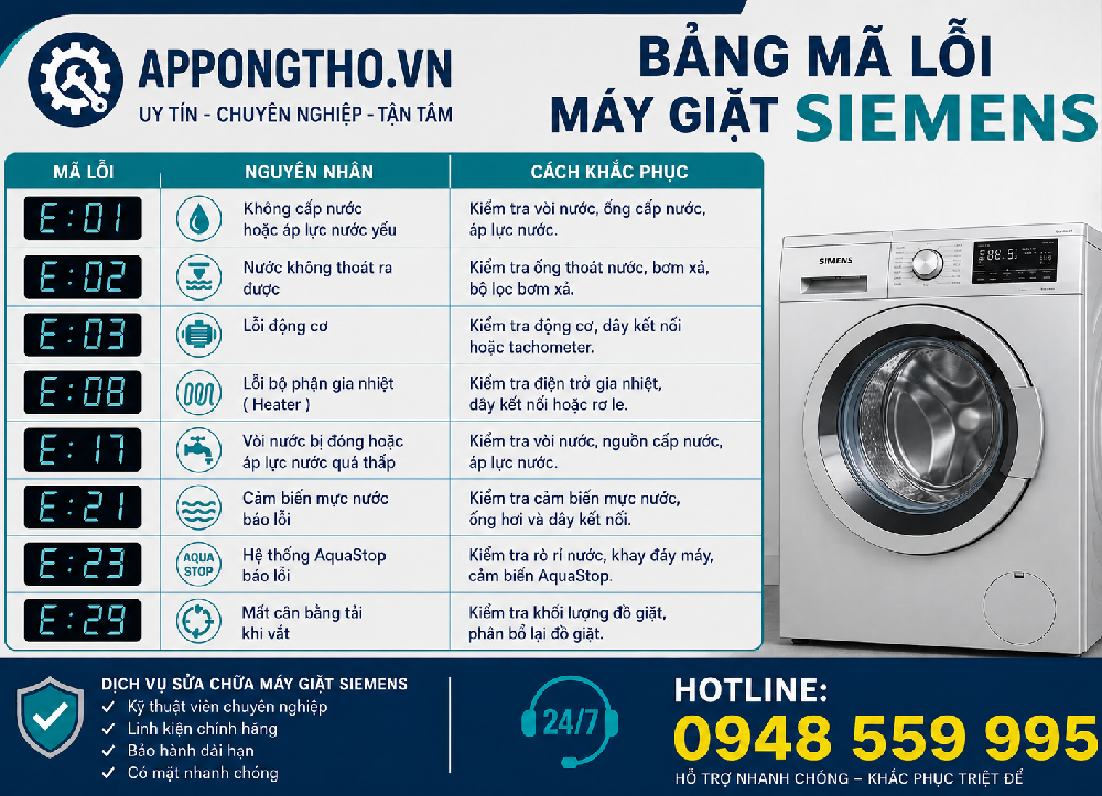 Dịch vụ sửa các mã lỗi máy giặt Siemens uy tín tại App Ong Thợ