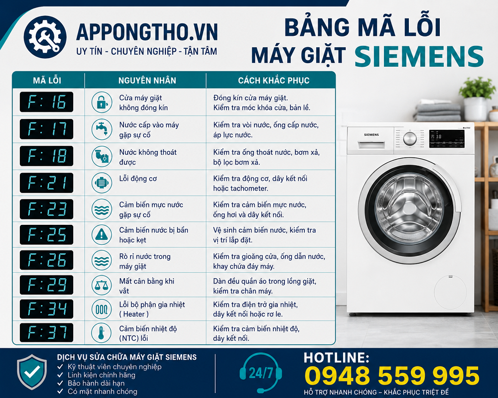 Bảng mã lỗi máy giặt Siemens cửa ngang