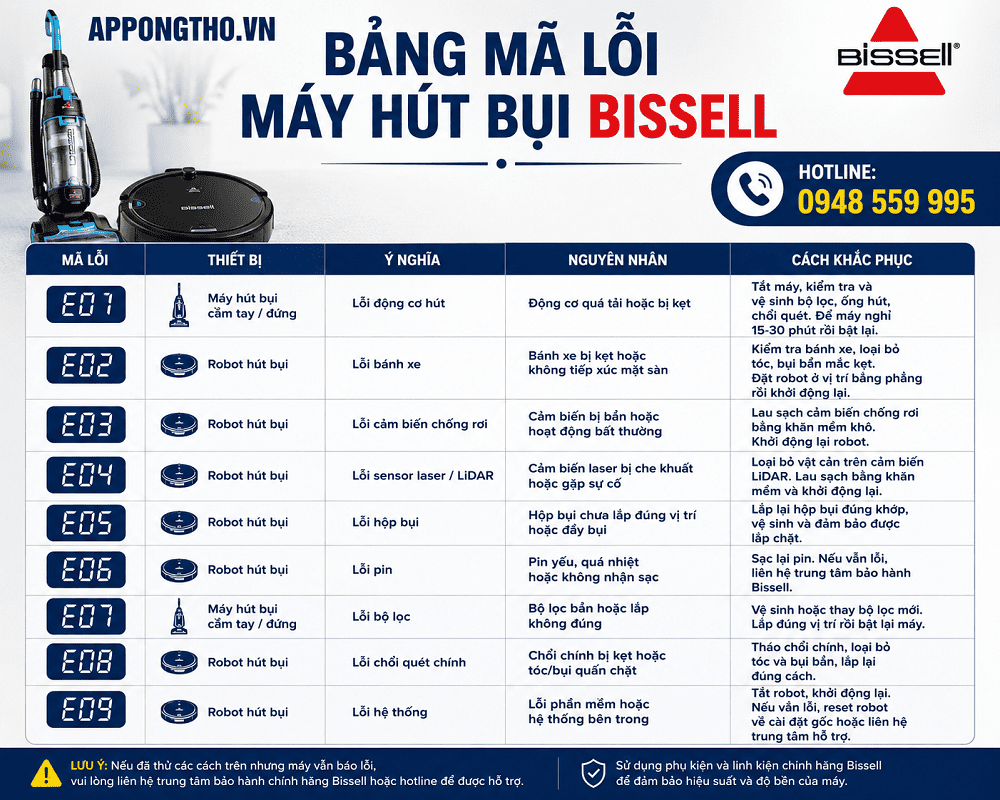 Bảng mã lỗi máy hút bụi Bissell & mã lỗi Robot hút bụi Bissell
