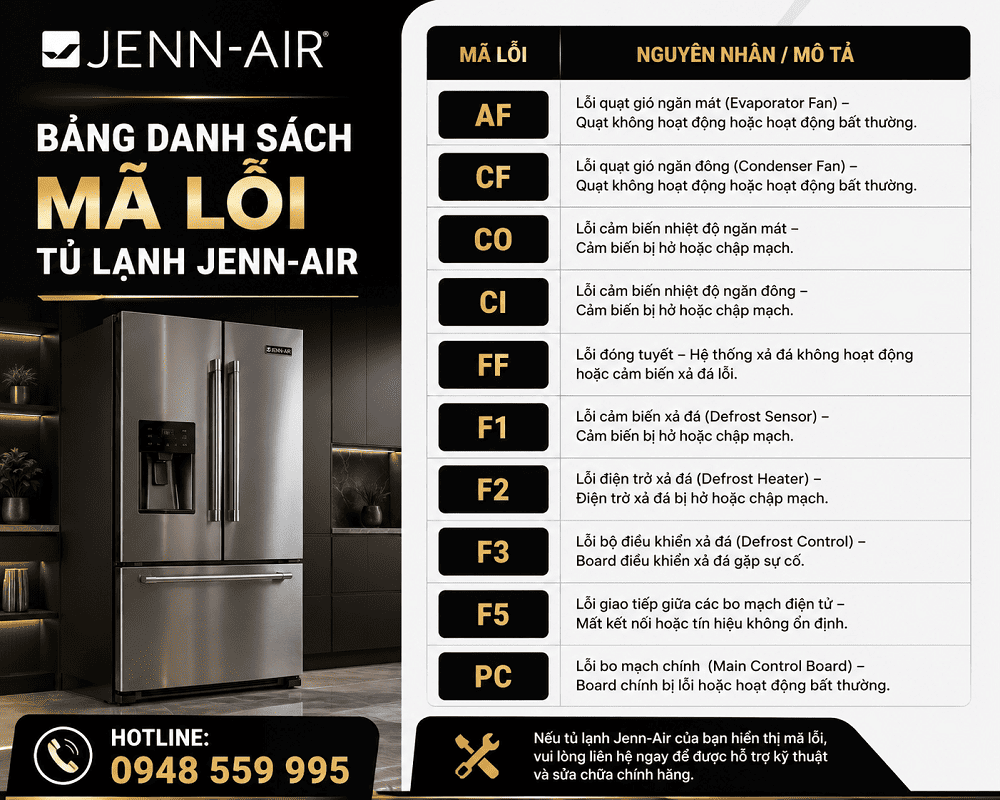 Bảng mã lỗi tủ lạnh Jenn-Air tổng hợp