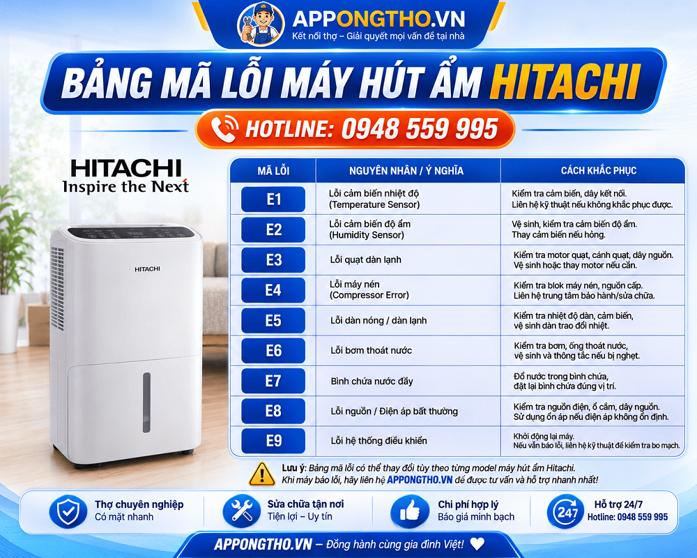 Bảng mã lỗi máy hút ẩm Hitachi