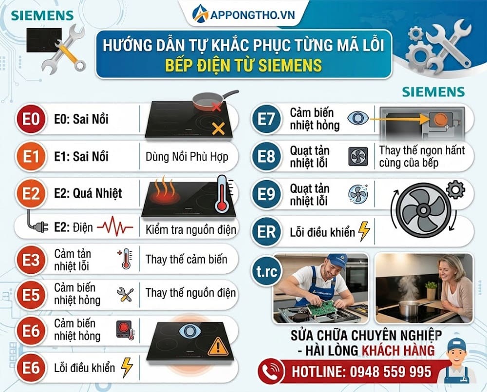 Hướng dẫn tự khắc phục từng lỗi trên bếp Siemens