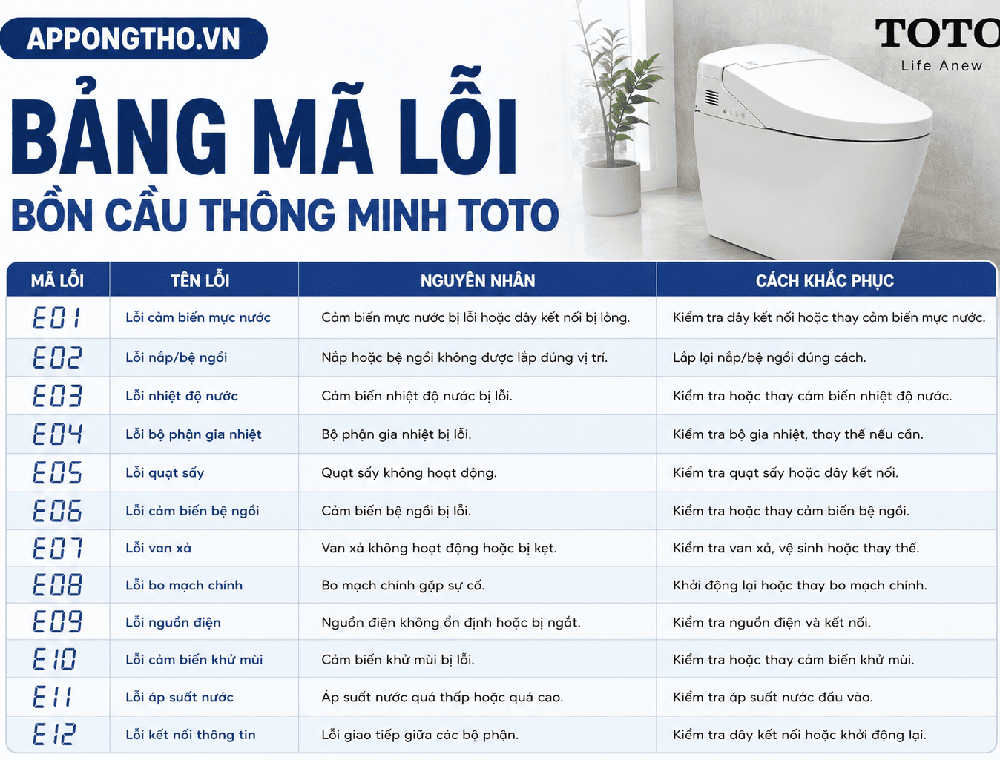 Bảng Mã Lỗi Bồn Cầu TOTO Hướng Dẫn Tự Khắc Phục An Toàn