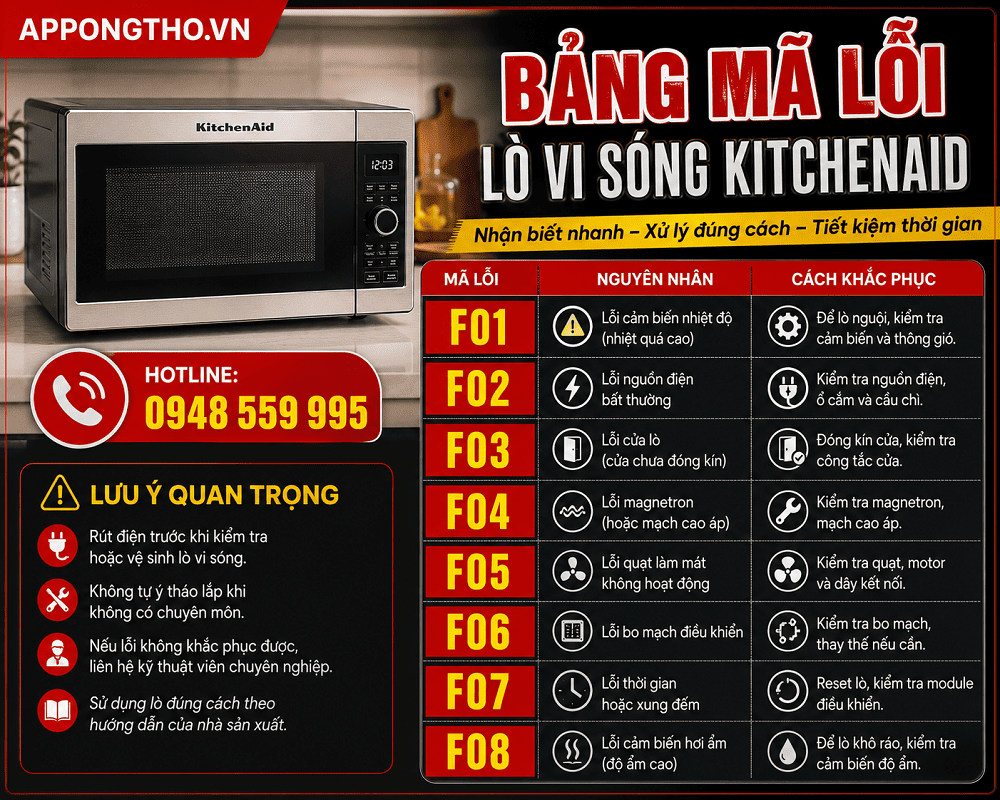 Bảng Mã Lỗi Lò Vi Sóng KitchenAid Nguyên Nhân & Khắc phục