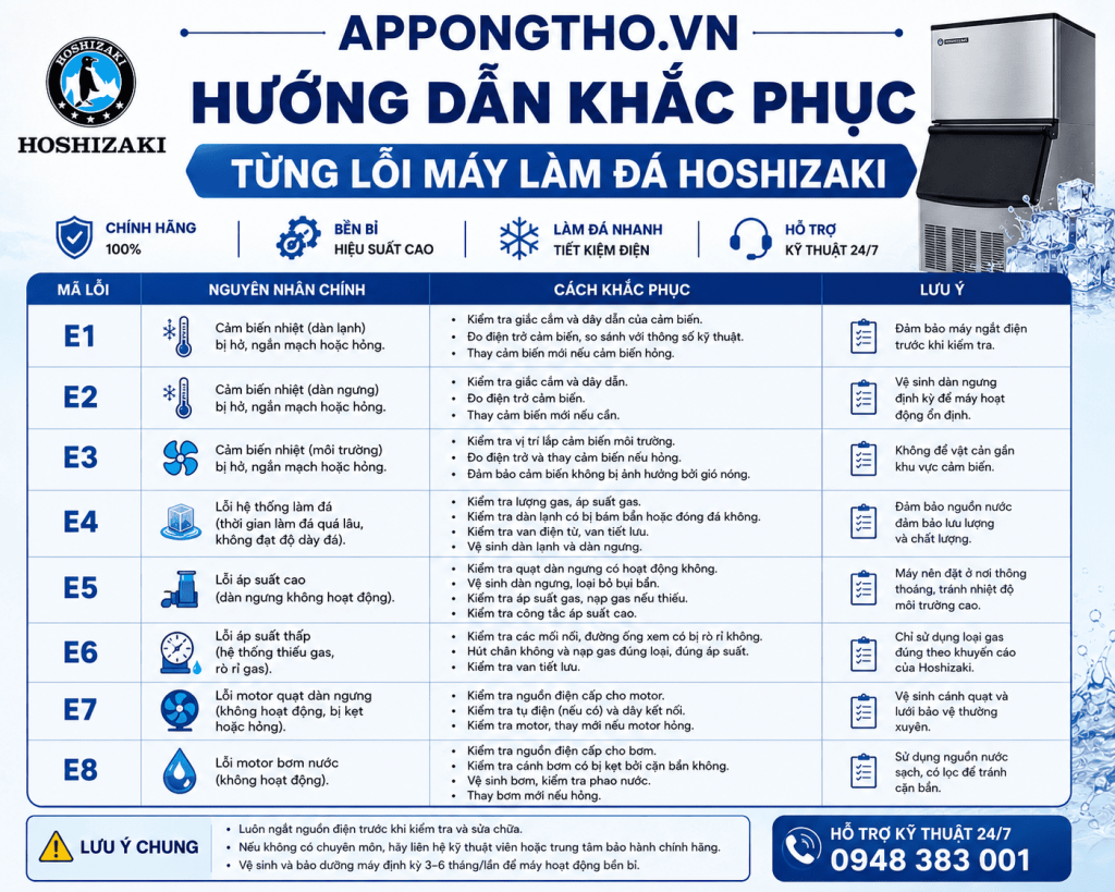 Cách tự khắc phục từng mã lỗi máy làm đá Hoshizaki