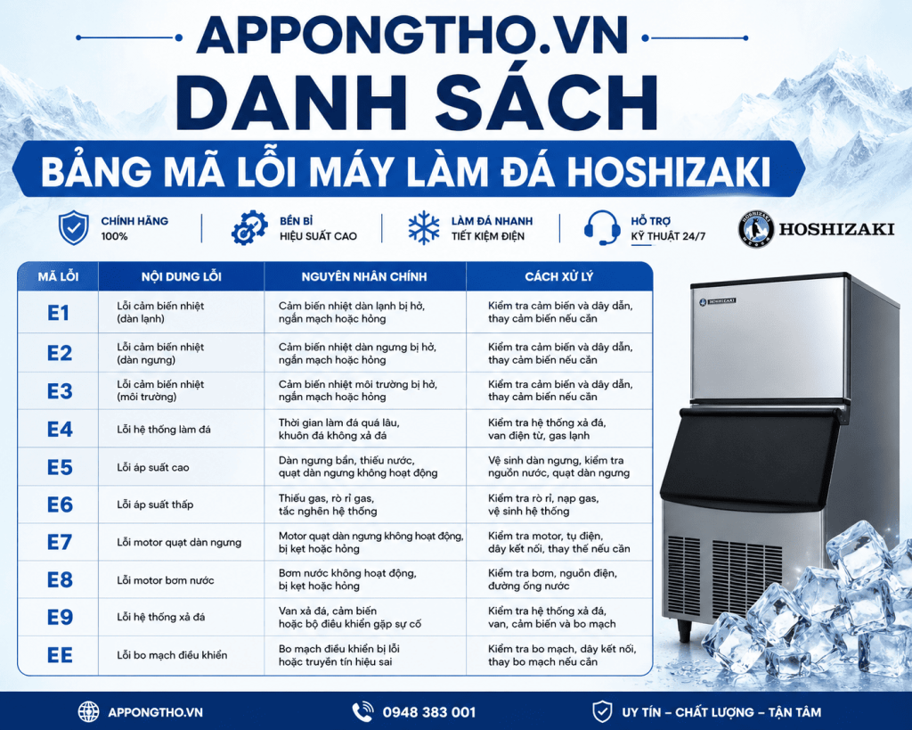 Bảng mã lỗi máy làm đá viên Hoshizaki