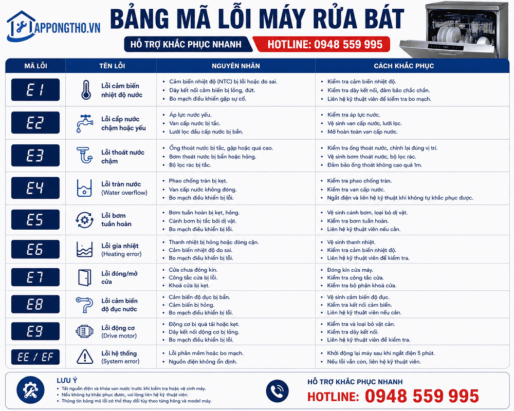 Bảng mã lỗi máy rửa bát Bauknecht
