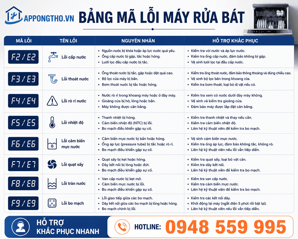 Bảng Mã Lỗi Máy Rửa Bát Bauknecht & Cách Tự Khắc Phục Nhanh