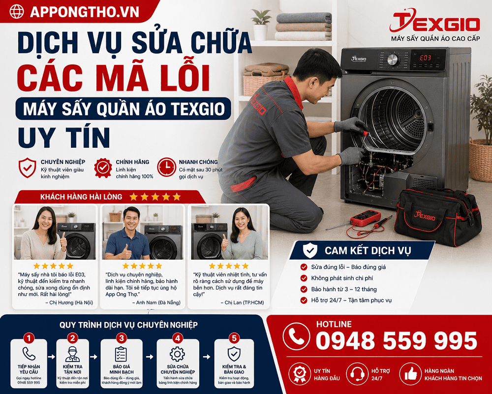 Dịch vụ sửa mã lỗi máy sấy quần áo Texgio