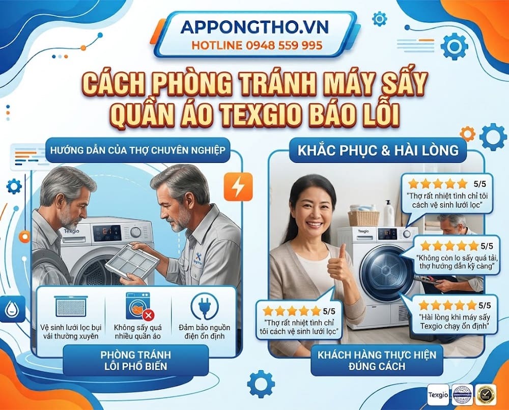 2. Máy sấy quần áo Texgio báo lỗi E2, E12, E15 – Lỗi hệ thống gia nhiệt