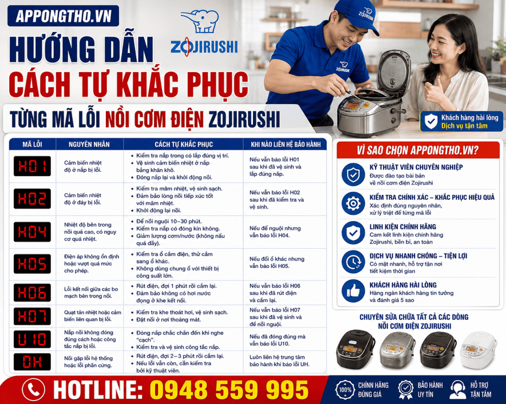 Cách tự khắc phục từng mã lỗi nồi cơm điện Zojirushi