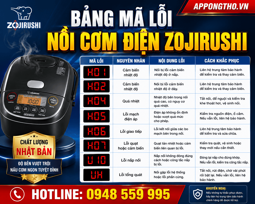 Bảng mã lỗi nồi cơm điện Zojirushi