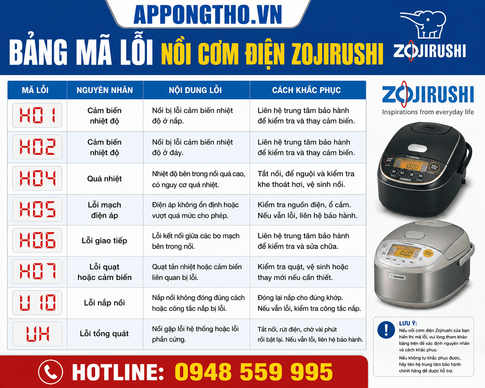 Mã lỗi nồi cơm điện Zojirushi