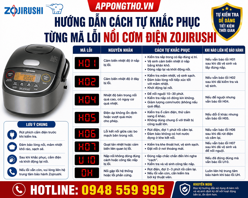 Cách Khắc Phục Từng Mã Lỗi Nồi Cơm Điện Zojirushi Nhật Bản