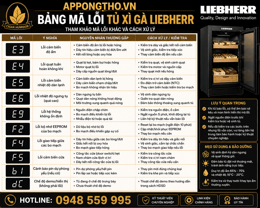 Bảng mã lỗi tủ xì gà Liebherr