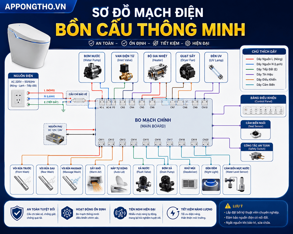 Sơ đồ mạch điện bồn cầu thông minh vận hành từ A-Z