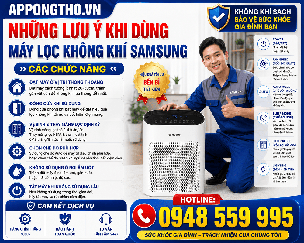 1. Cách Bật/Tắt máy (Power) trên máy lọc không khí Samsung