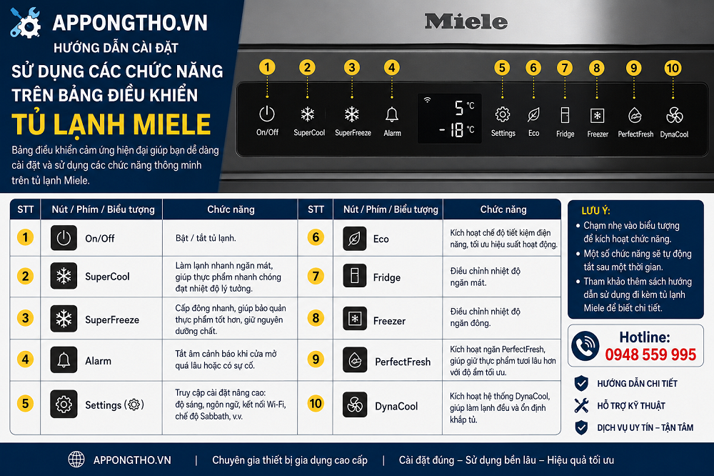 Cách cài đặt từng chức năng tủ lạnh Miele từ -6 cánh